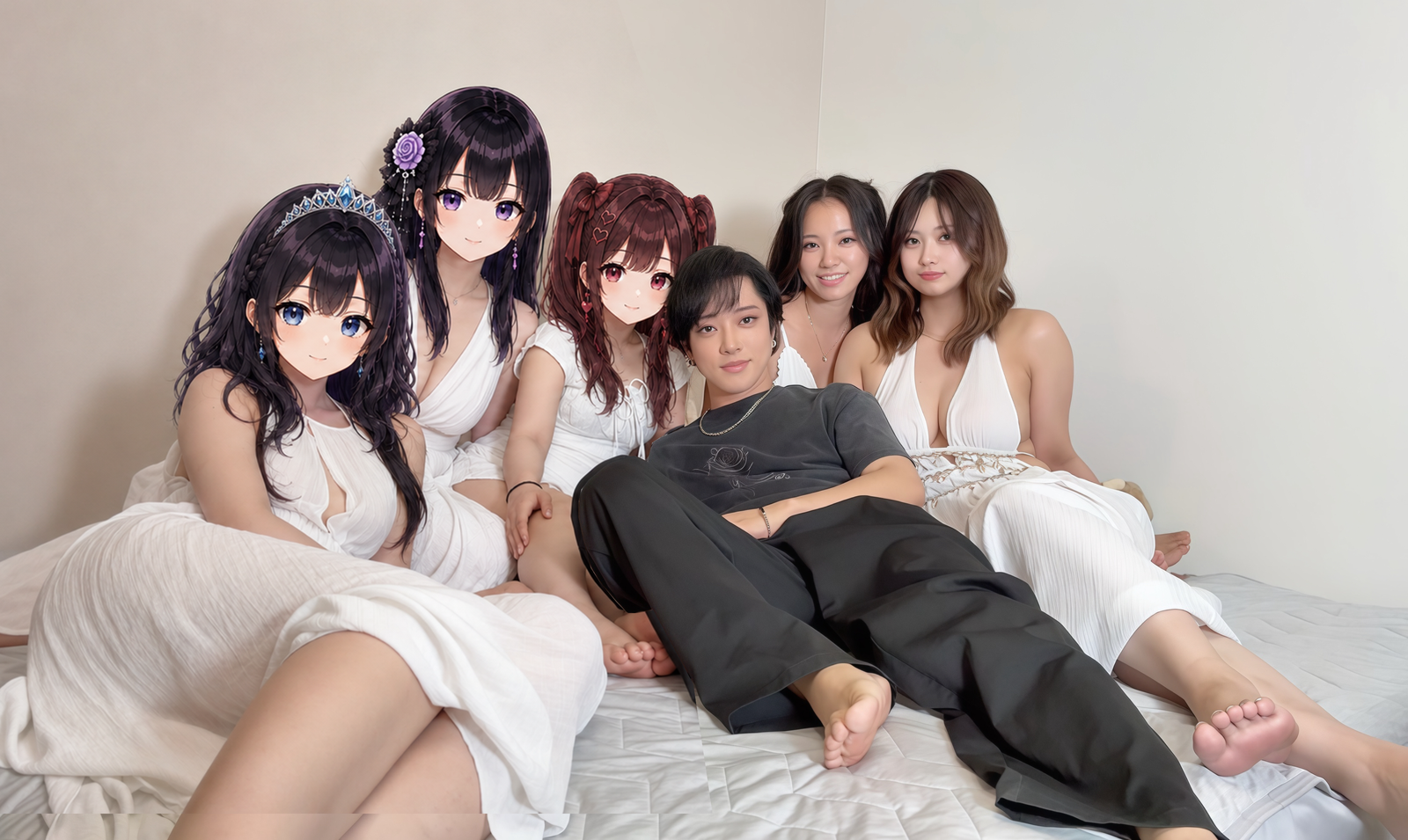 ベッドで5人の女性と一緒に並ぶあおい